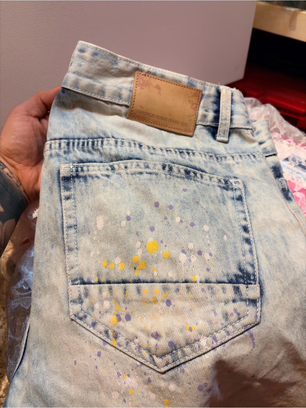 High-Rise Light Wash Paint-Splatter Jeans - Yellow & Purple Accents